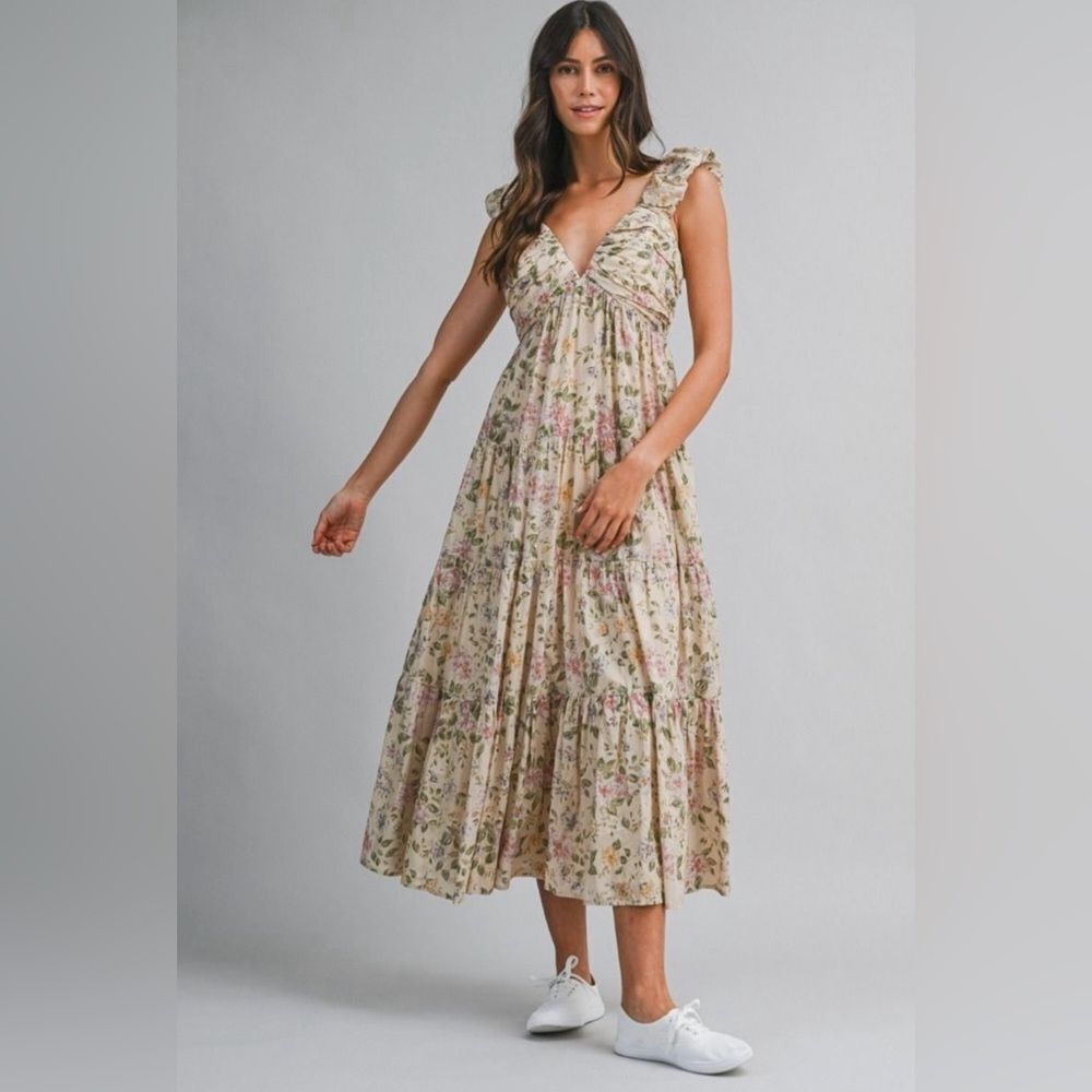 MABLE Maxi Dress Floral Tan Ruched Sleeveless 100% Cotton NWT